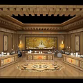 Traditional Temple Interior with Wooden Structure Ornate Mural Altar Table and Intricate Carpet