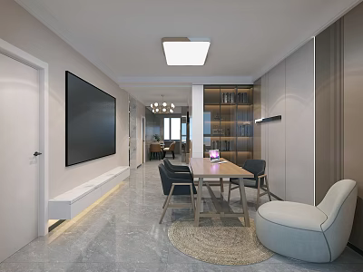 Modern Minimalist Open Living And Dining Room Interior Design With Comfortable Furniture And Storage Spaces 3d model
