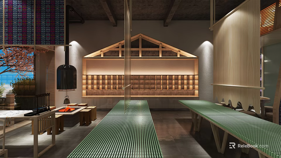 Traditional Interior Design Featuring Wooden Roof Green Grid Table And Fireplace 3d model 