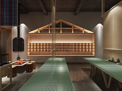 Traditional Interior Design Featuring Wooden Roof Green Grid Table And Fireplace 3d model