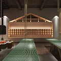 Traditional Interior Design Featuring Wooden Roof Green Grid Table And Fireplace