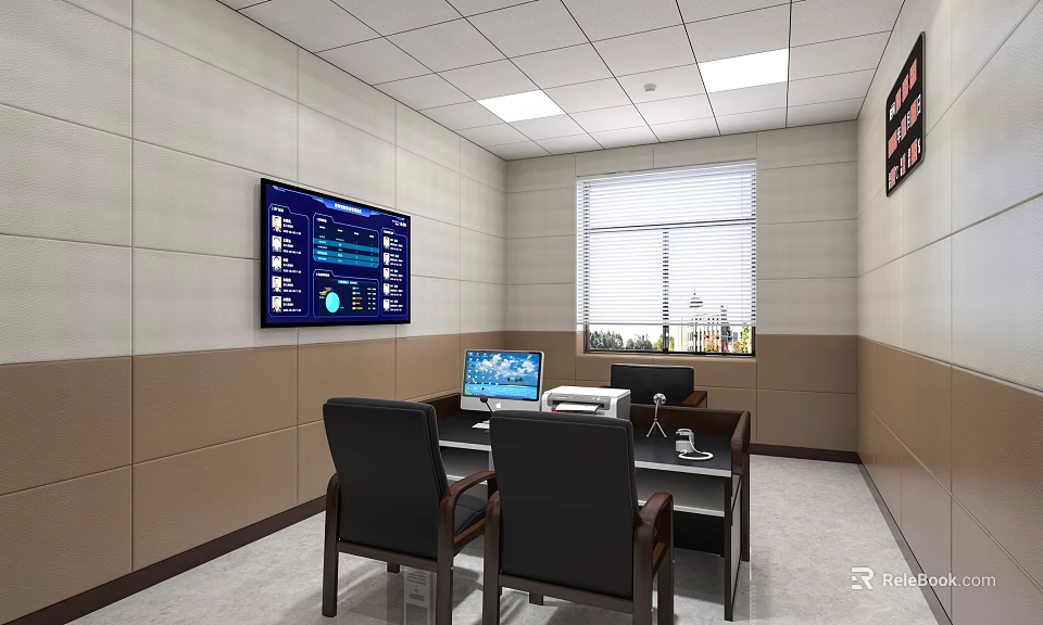 Monitoring Room Interior With Large Screen Data Charts Computer Desk Chairs And Window Blinds 3d model 