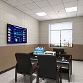 Monitoring Room Interior With Large Screen Data Charts Computer Desk Chairs And Window Blinds