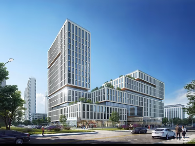 Modern Office Building Featuring Glass Facade Green Roof Pedestrians Cars And Trees 3d model