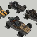 Four Off Road Buggies With Exposed Frames Large Tires And Various Colors