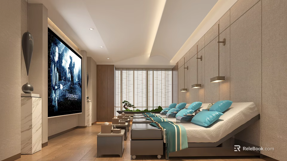 Modern SPA Sauna Interior with Lounge Chairs Blue Cushions Large Window and Wooden Flooring 3d model 