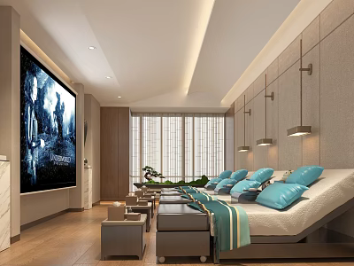Modern SPA Sauna Interior with Lounge Chairs Blue Cushions Large Window and Wooden Flooring 3d model