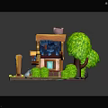 Cute Cartoon House Exterior With Blue Roof Chimney Small Stream Green Grass Trees And Bushes