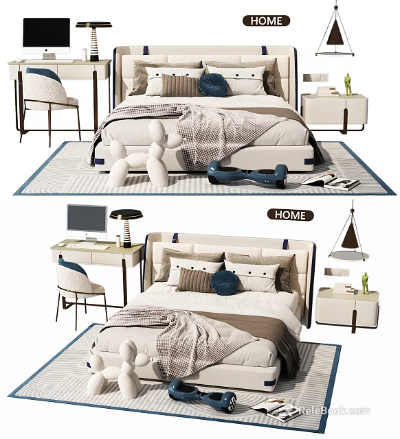 Modern Double Bed Interior With Soft Pillows Knit Blanket Nightstand And Blue Edge Rug 3d model 