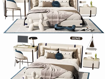 Modern Double Bed Interior With Soft Pillows Knit Blanket Nightstand And Blue Edge Rug 3d model