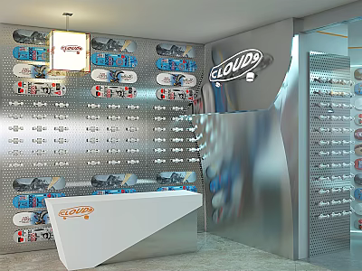 Modern CLOUD Shoe Store Interior With Wall Mounted Shoe Displays And White Reception Desk 3d model