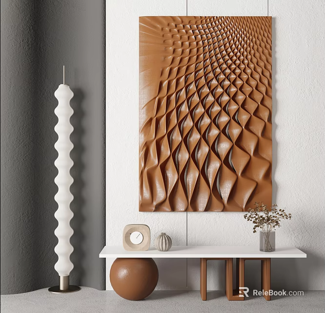 Modern Brown Wavy Grid Texture Wall Decor on White Wall with Console Table and Plants 3d model