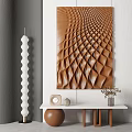 Modern Brown Wavy Grid Texture Wall Decor on White Wall with Console Table and Plants 3d model