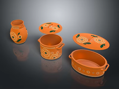 Handcrafted Orange Ceramic Containers With Green Leaf Patterns And Various Shapes 3d model