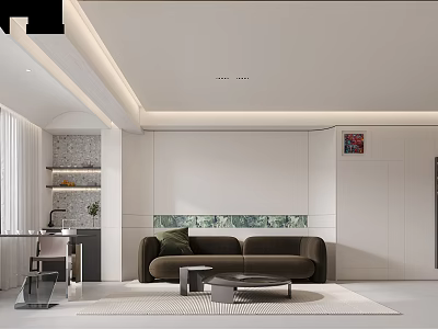 Modern Minimalist Living Dining Room Interior With Brown Sofa Coffee Table Area Rug And Wall Art 3d model