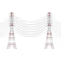 Industrial Equipment Power Towers with Multiple Power Lines Against Blue Sky and Green Field