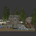 Cartoon Scene Featuring Wooden House Pine Trees Small Boat Rocks And Water Area