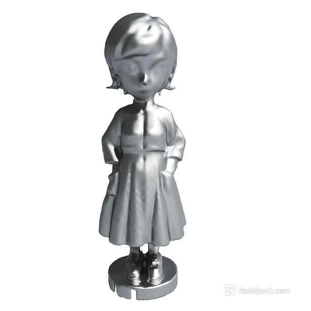 Silver Girl Statue With Standing Pose And Detailed Dress Design 3d model 