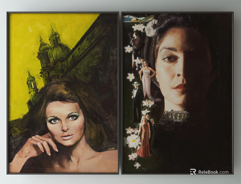 Vintage Portrait Paintings With Female Figures Castle Background And White Flowers 3d model 