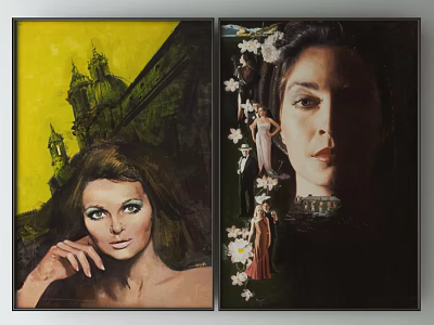 Vintage Portrait Paintings With Female Figures Castle Background And White Flowers 3d model