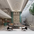 Modern Living and Dining Room Interior With Golden Wave Chandelier White Sofa And Bookshelves