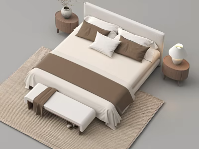 Modern Bedroom Interior With Bed Beige Brown Bedding Wooden Nightstands Lamps And Bench On Rug 3d model