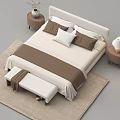 Modern Bedroom Interior With Bed Beige Brown Bedding Wooden Nightstands Lamps And Bench On Rug