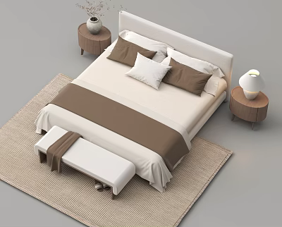 Modern Bedroom Interior With Bed Beige Brown Bedding Wooden Nightstands Lamps And Bench On Rug 3d model