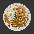 Appetizing Plate with French Fries Fried Eggs Chicken Nuggets Carrot Slices Green Peas and Ketchup