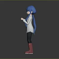 3D Model Character With Blue Hair Gray Coat Black Pants Pink Boots Holding A Cup