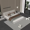 Modern Double Bed With Upholstered Headboard Pillows Nightstands And Rug In Bright Minimalist Bedroom