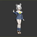 Anime Style Game And Movie Character With White Hair Blue Outfit Horns And Yellow Bow