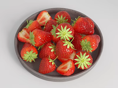 Fresh Ripe Strawberries on Gray Plate with Whole and Sliced Pieces and Green Leaves 3d model
