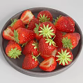 Fresh Ripe Strawberries on Gray Plate with Whole and Sliced Pieces and Green Leaves