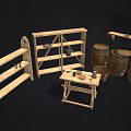 Rustic Wooden Furniture Set With Shelves Table And Barrels For Home Decor