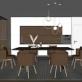 Modern Restaurant Interior With Open Layout Dining Table Brown Chairs Pendant Lights And White Cabinets