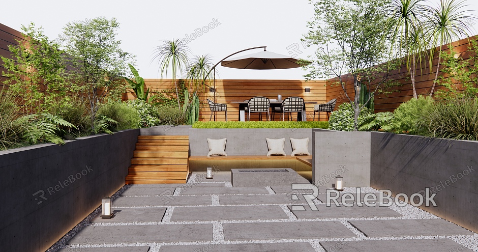 Modern Courtyard Courtyard Garden Outdoor Table and Chair Landscape Seat Flowers and Plants Shrubs Landscape Trees Arbor model