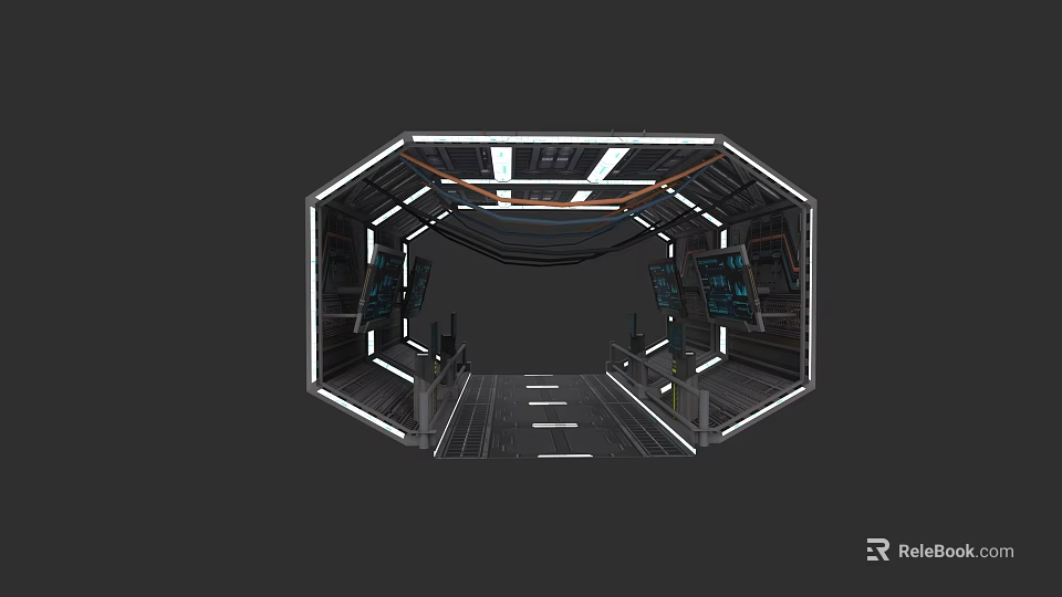 Futuristic Space Capsule Interior With Octagonal Structure Ceiling Light Strips Side Monitors And Metallic Texture 3d model