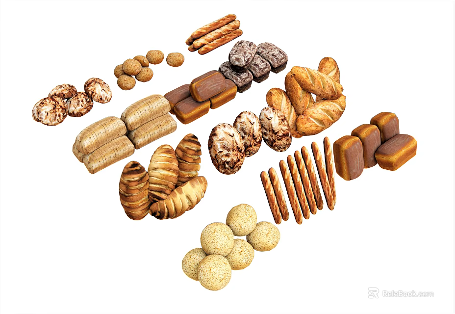 Assorted Baked Goods Collection Featuring Croissants Cookies Rolls And Chocolate Treats 3d model 