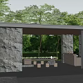 Outdoor Modern Pergola Design With Stone Columns Benches And Green Trees