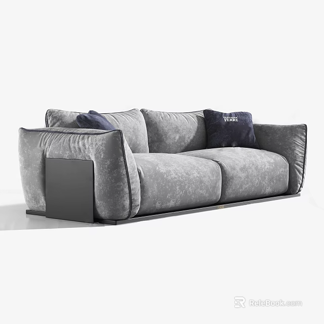 Gray Fabric Double Sofa with Modern Design and Dark Blue Cushions 3d model 