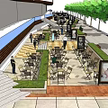 Outdoor Café Patio With Tables Chairs People Chatting Stairs And Railing