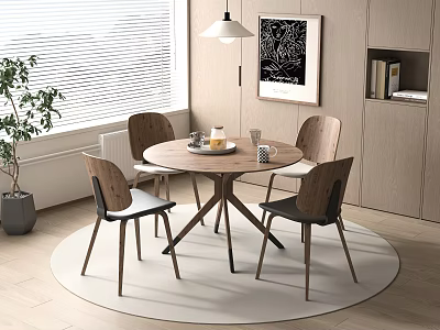 Modern Round Dining Table Set With Four Chairs Round Rug Pendant Light And Wall Art 3d model