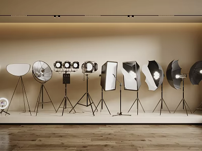 Professional Lighting Fixture Set With Various Types And Tripod Stands In Studio 3d model