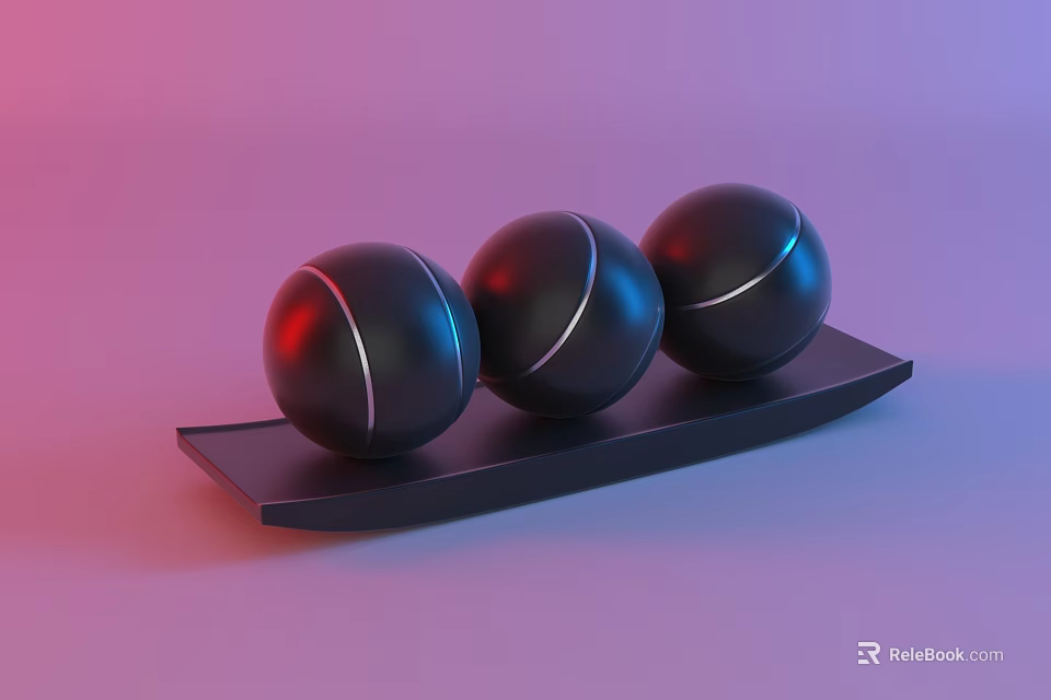 Decorative Ornament Set with Three Black Spheres White Lines on Black Tray Pink Purple Background 3d model 