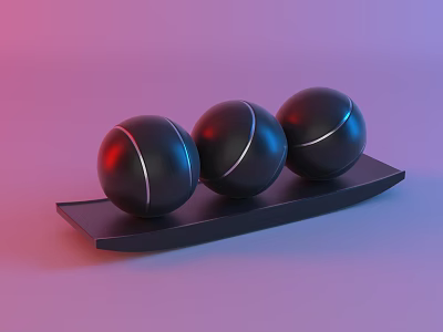 Decorative Ornament Set with Three Black Spheres White Lines on Black Tray Pink Purple Background 3d model