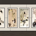 Traditional Chinese Ink Paintings Hanging On Wall With Animal Figures And Calligraphy For Interior Decor
