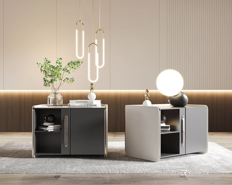 Modern Dark And Light Bedside Tables With Round Lamp Green Plant And Minimalist Design 3d model 