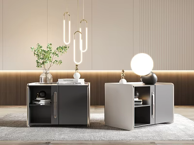 Modern Dark And Light Bedside Tables With Round Lamp Green Plant And Minimalist Design 3d model