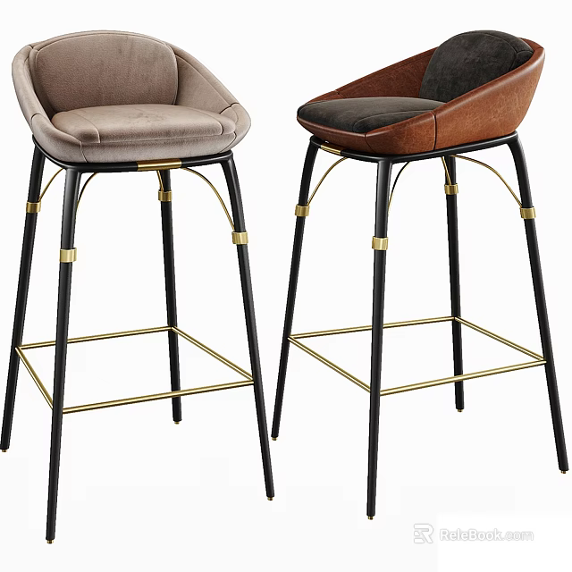 Modern Bar Stools With Light Gray And Brown Velvet Seats Black Metal Legs Gold Accents 3d model 